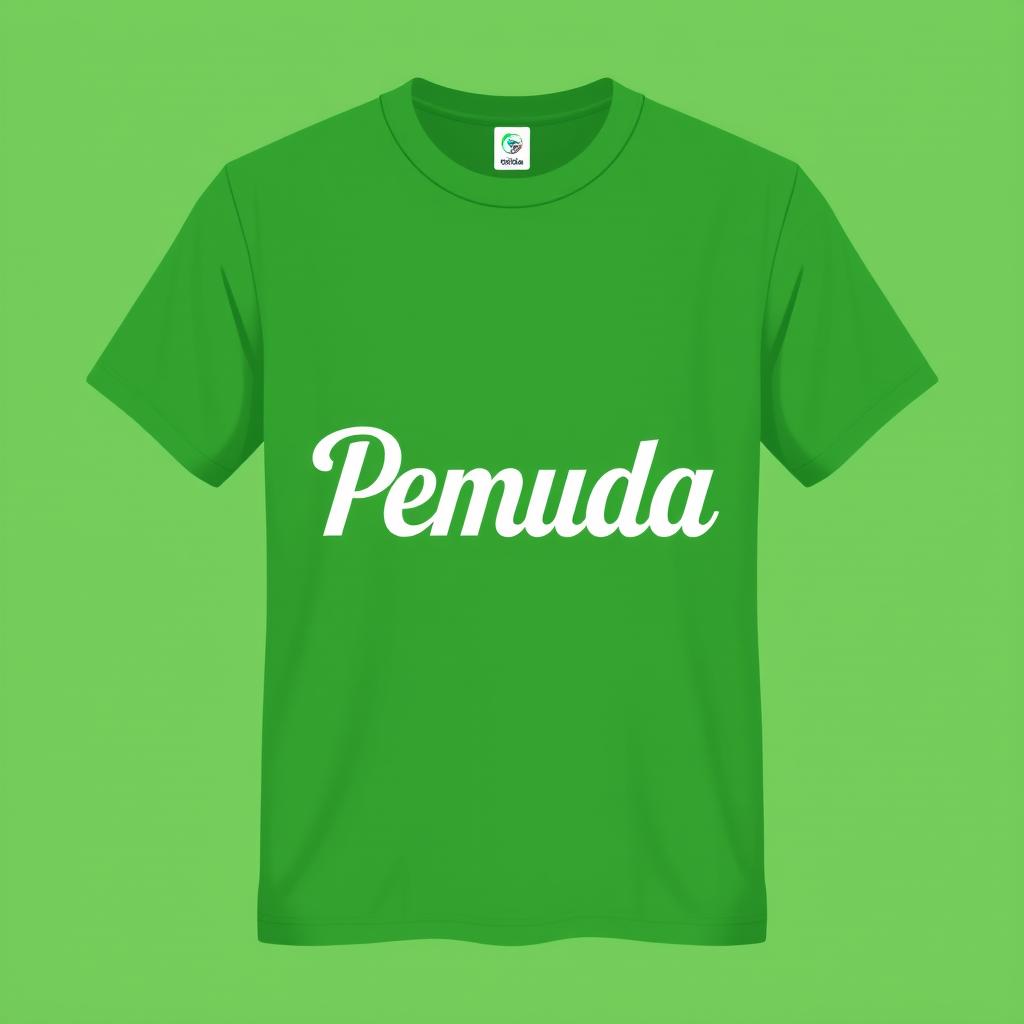 A plain green bottle t-shirt design featuring the word 'Pemuda' prominently displayed in a stylish, modern font at the center