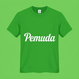 A plain green bottle t-shirt design featuring the word 'Pemuda' prominently displayed in a stylish, modern font at the center