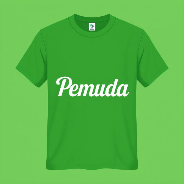 A plain green bottle t-shirt design featuring the word 'Pemuda' prominently displayed in a stylish, modern font at the center