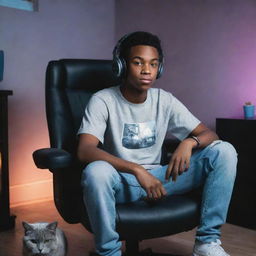 A hip African-American teenager wearing headphones and skater clothing, seated on a gaming chair in his room, with a gray cat by his side, bathed in the glow of LED lights