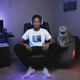 A hip African-American teenager wearing headphones and skater clothing, seated on a gaming chair in his room, with a gray cat by his side, bathed in the glow of LED lights