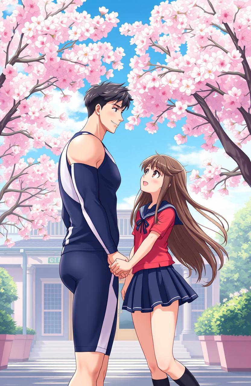 A modern anime scene depicting a romantic moment between a famous boy swimmer and a 17-year-old school girl during their time travel adventure