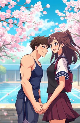 A modern anime scene depicting a romantic moment between a famous boy swimmer and a 17-year-old school girl during their time travel adventure