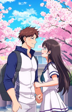 A modern anime scene depicting a romantic moment between a famous boy swimmer and a 17-year-old school girl during their time travel adventure