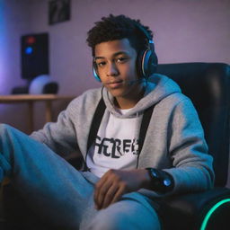 A trendy Chilean African-American teenager in skater clothing and headphones, sitting on a gaming chair in his room with his gray cat, illuminated by the vibrant light of LED strips