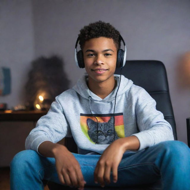 A trendy Chilean African-American teenager in skater clothing and headphones, sitting on a gaming chair in his room with his gray cat, illuminated by the vibrant light of LED strips