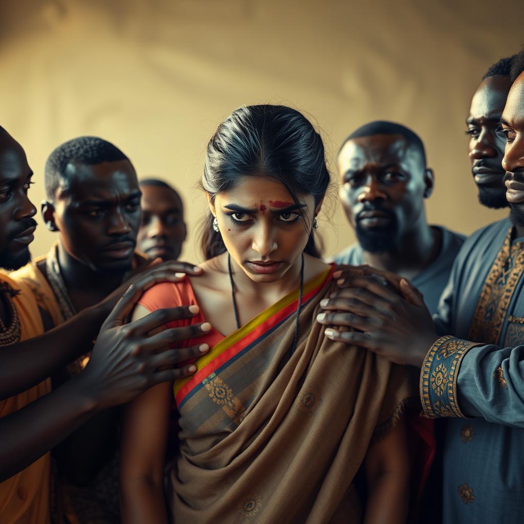 A dramatic scene depicting a scared Indian woman in a saree, featuring a black eye and visible bruises, showcasing her vulnerability