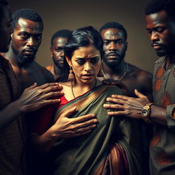 A dramatic scene depicting a scared Indian woman in a saree, featuring a black eye and visible bruises, showcasing her vulnerability