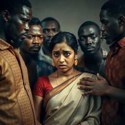 A dramatic scene depicting a scared Indian woman in a saree, featuring a black eye and visible bruises, showcasing her vulnerability