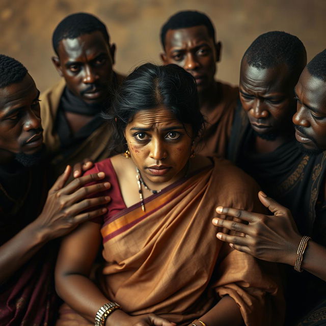 A dramatic scene depicting a scared Indian woman in a saree, featuring a black eye and visible bruises, showcasing her vulnerability