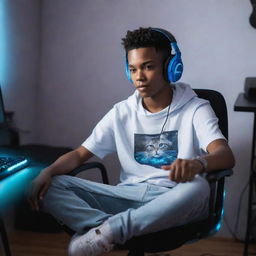 A trendy Chilean African-American teenager in skater clothing and headphones, sitting on a gaming chair in his room with his gray cat, illuminated by the vibrant light of LED strips