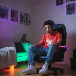 A trendy Chilean African-American teenager in skater clothing and headphones, sitting on a gaming chair in his room with his gray cat, illuminated by the vibrant light of LED strips