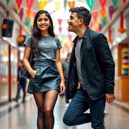 An Indian school girl wearing a modern leather mini skirt and a trendy t-shirt, accessorized with black stockings and stylish black heels