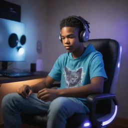 African-American teenager in skater clothes, headphones on, seated in a gamer chair in his room with a gray cat. Surrounded by LED lights, he exudes musical energy with eyes closed, as if channeling the power of music