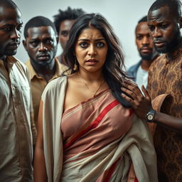 A dramatic portrayal of a busty Indian woman in a saree, appearing scared with a black eye and visible bruises, conveying a deep sense of distress