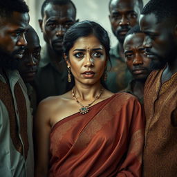 A dramatic portrayal of a busty Indian woman in a saree, appearing scared with a black eye and visible bruises, conveying a deep sense of distress