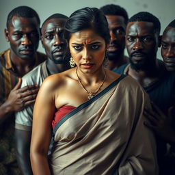 A dramatic portrayal of a busty Indian woman in a saree, appearing scared with a black eye and visible bruises, conveying a deep sense of distress