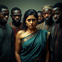 A dramatic portrayal of a busty Indian woman in a saree, appearing scared with a black eye and visible bruises, conveying a deep sense of distress