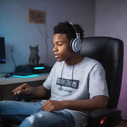 African-American teenager in skater clothes, headphones on, seated in a gamer chair in his room with a gray cat. Surrounded by LED lights, he exudes musical energy with eyes closed, as if channeling the power of music