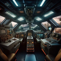 The interior of a commando van that transforms into a futuristic jet fighter, showcasing an advanced control panel, high-tech navigation systems, and automated weapon controls.