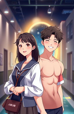 A modern Korean romance scene depicting a 17-year-old girl and a famous sexy boy swimmer together