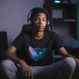 African-American teenager in skater clothes, headphones on, seated in a gamer chair in his room with a gray cat. Surrounded by LED lights, he exudes musical energy with eyes closed, as if channeling the power of music