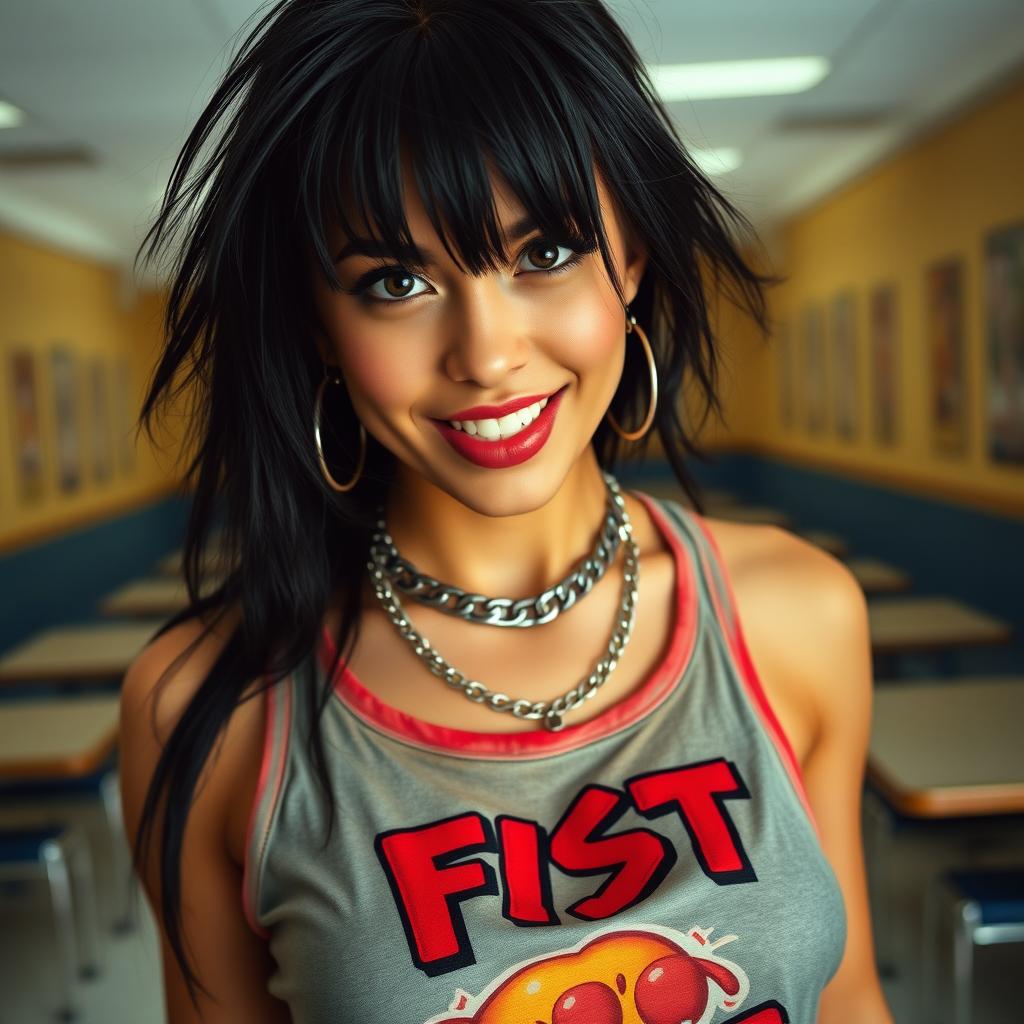 A stunning close-up shot of a gorgeous female with striking black hair, wearing a faded colorful tank top displaying a vintage 'FIST' band logo