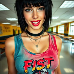 A stunning close-up shot of a gorgeous female with striking black hair, wearing a faded colorful tank top displaying a vintage 'FIST' band logo