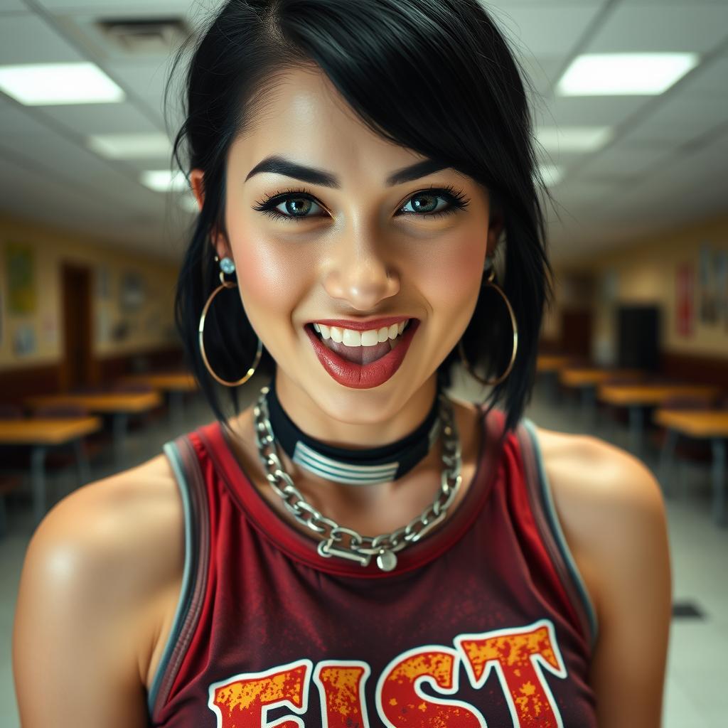 A stunning close-up shot of a gorgeous female with striking black hair, wearing a faded colorful tank top displaying a vintage 'FIST' band logo