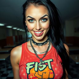 A stunning close-up shot of a gorgeous female with striking black hair, wearing a faded colorful tank top displaying a vintage 'FIST' band logo