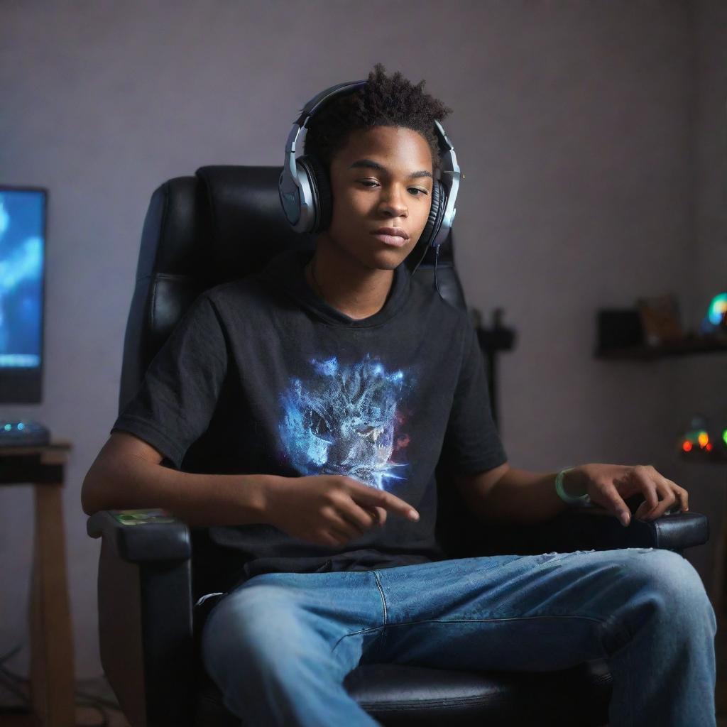 African-American teenager in skater clothes, headphones on, seated in a gamer chair in his room with a gray cat. Surrounded by LED lights, he exudes musical energy with eyes closed, as if channeling the power of music