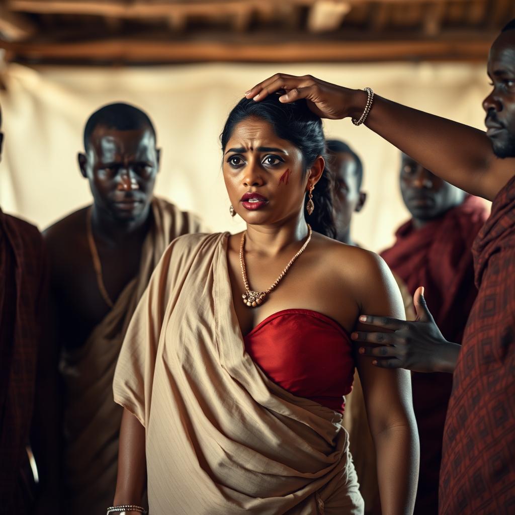 A poignant scene featuring a busty Indian woman in a saree, showcasing her frightened expression as she bears a black eye and visible bruises