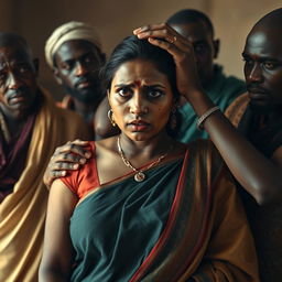 A poignant scene featuring a busty Indian woman in a saree, showcasing her frightened expression as she bears a black eye and visible bruises