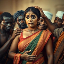 A poignant scene featuring a busty Indian woman in a saree, showcasing her frightened expression as she bears a black eye and visible bruises