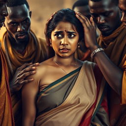 A poignant scene featuring a busty Indian woman in a saree, showcasing her frightened expression as she bears a black eye and visible bruises