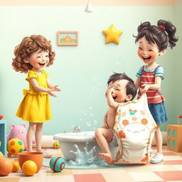 A playful and light-hearted children's scene featuring a whimsical depiction of a boy in a humorous fantasy scenario