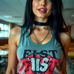 A close-up shot focusing on the chest and upper torso of a gorgeous female with striking black hair