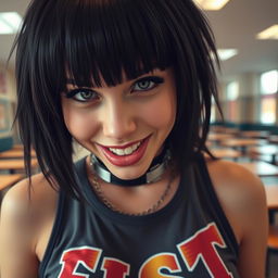 A close-up shot of a gorgeous female with striking black hair, wearing a faded colorful "FIST" band logo tank top, showcasing her large chest and subtle cleavage