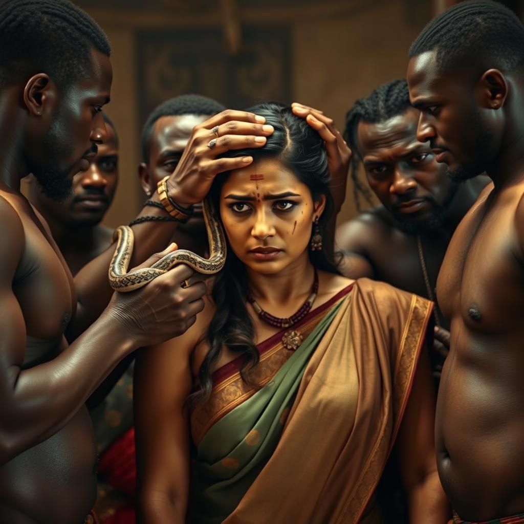 A dramatic scene featuring a busty Indian woman in a saree, expressing fear with a black eye and visible bruises, showcasing her vulnerability