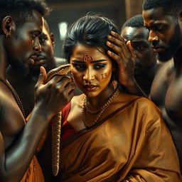 A dramatic scene featuring a busty Indian woman in a saree, expressing fear with a black eye and visible bruises, showcasing her vulnerability