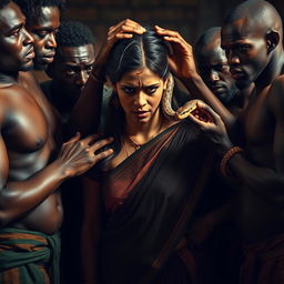 A dramatic scene featuring a busty Indian woman in a saree, expressing fear with a black eye and visible bruises, showcasing her vulnerability