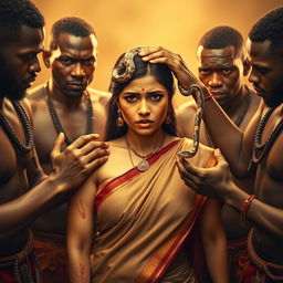 A dramatic scene featuring a busty Indian woman in a saree, expressing fear with a black eye and visible bruises, showcasing her vulnerability