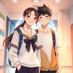 A modern Korean romance scene illustrating a 17-year-old girl and a famous sexy boy swimmer together