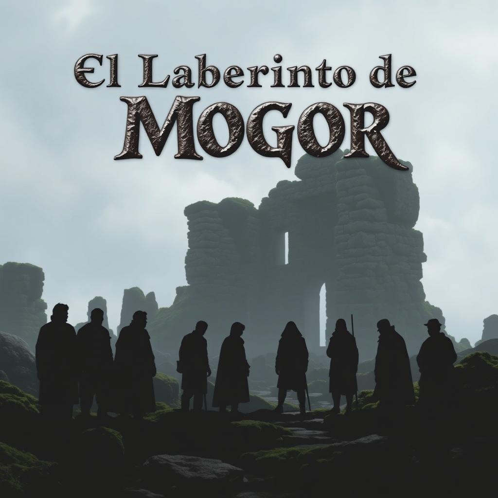 A realistic scene featuring silhouettes of people, along with elements reminiscent of Galicia such as stone, moss, and ruins