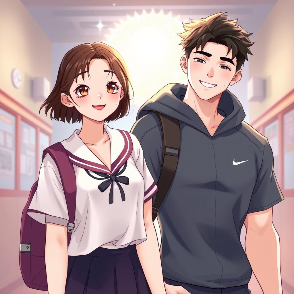 A modern Korean romance scene illustrating a 17-year-old girl and a famous sexy boy swimmer together