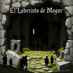 A realistic scene featuring silhouettes of people, along with elements reminiscent of Galicia such as stone, moss, and ruins