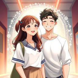 A modern Korean romance scene illustrating a 17-year-old girl and a famous sexy boy swimmer together