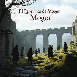 A realistic scene featuring silhouettes of people, along with elements reminiscent of Galicia such as stone, moss, and ruins