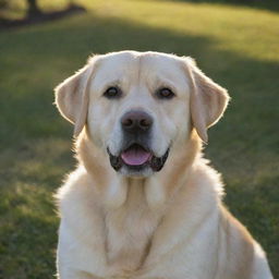 A friendly Labrador retriever named Max, sunlight reflecting off his golden fur.