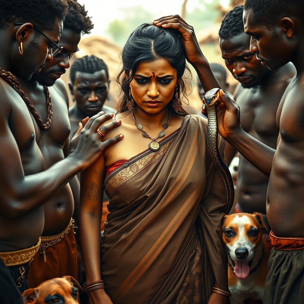 A dramatic scene depicting a busty Indian woman in a saree, expressing fear with a black eye and visible bruises, showcasing her vulnerability